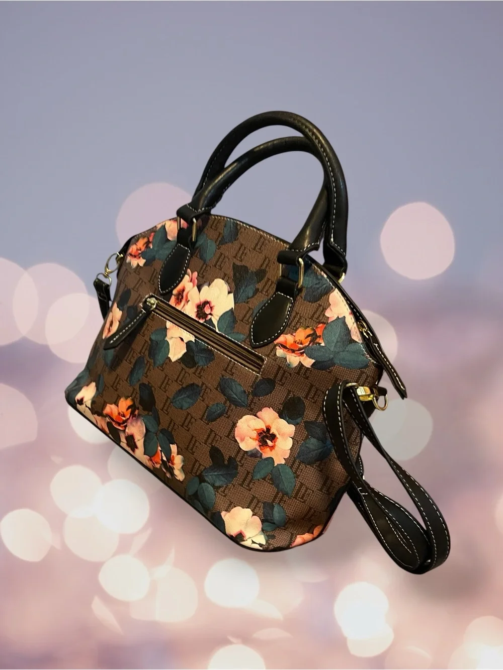 London Fog Floral Monogram Dome Satchel Handbag Brown Pink